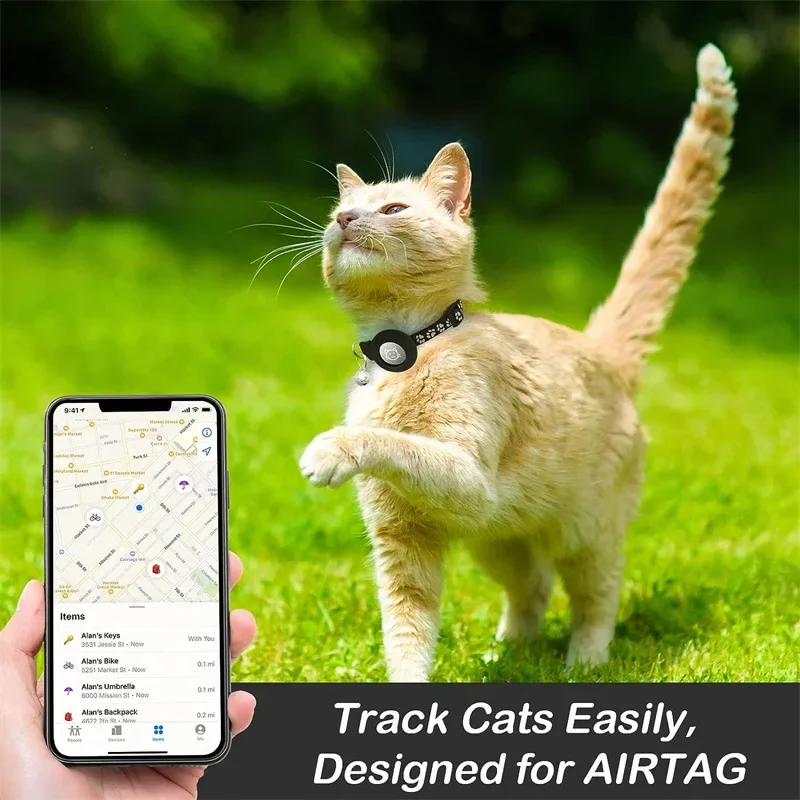 Kattenhalsband voor Apple AirTag, reflecterend met belletje, verstelbaar