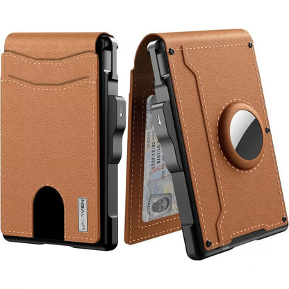 Brown leather wallet with card holder and money clip on a white background