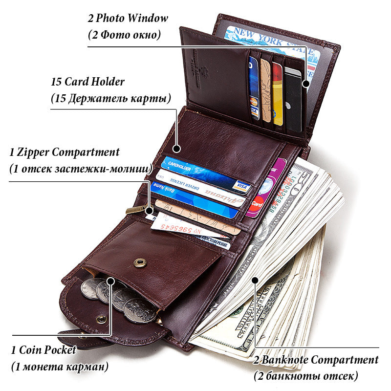 Brown leather wallet with various compartments and card holders on a white background