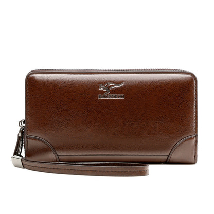 Brown leather wallet with a visible brand logo on a white background