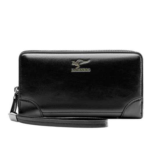 Black leather wallet with a visible brand logo on a white background