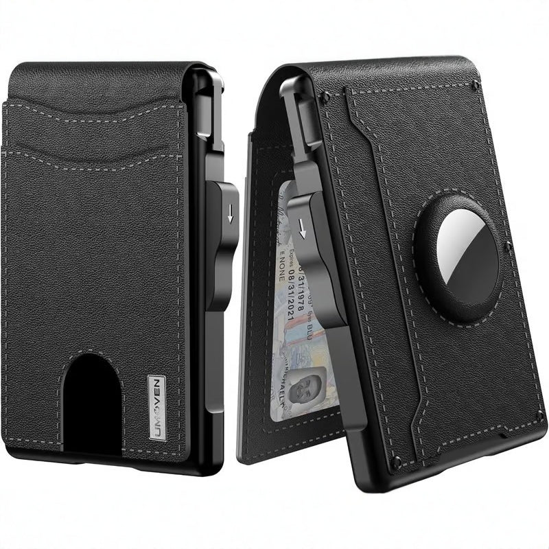Black phone case with card holder and stand feature on a white background