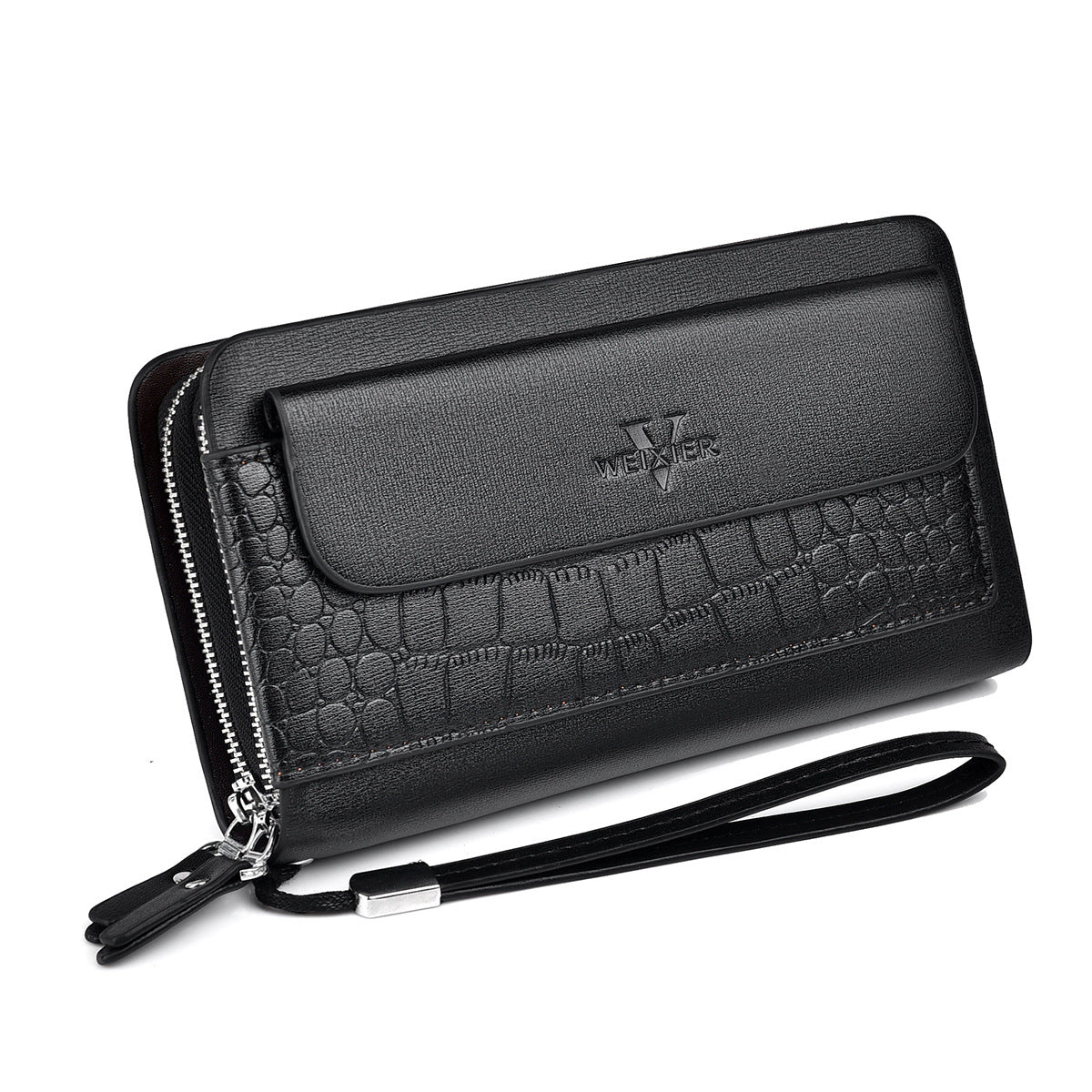 Black wallet with crocodile texture and brand logo on a white background